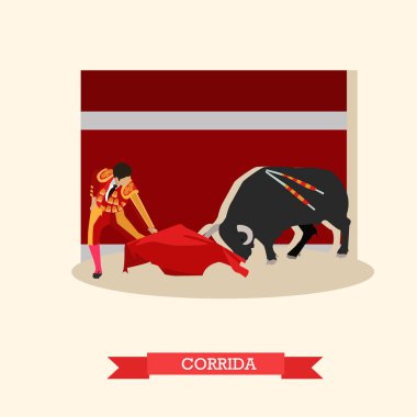 İspanya Corrida concept vektör çizim. Boğa ve bir matador