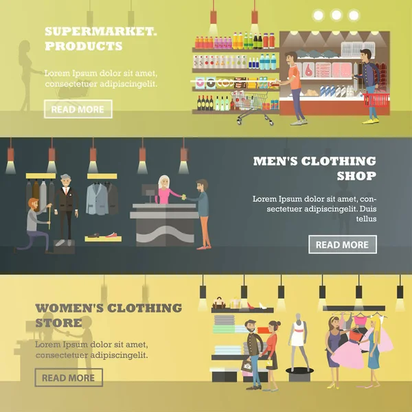 Persone shopping in un negozio e banner concetto di mercato locale. Illustrazione vettoriale colorata — Vettoriale Stock