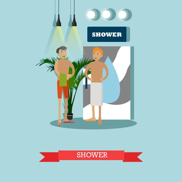 Men taking shower in fitness center vector concept poster. Male sauna in gym club illustration — Stock Vector