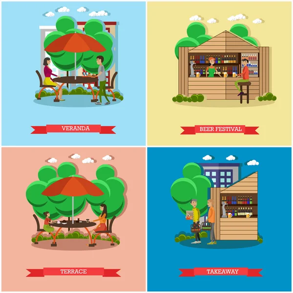 Street food concept vector posters. People sell from stalls. Restaurant summer terrace under umbrella — Stock Vector