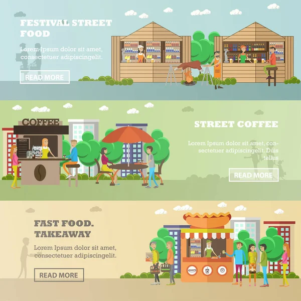Utcai élelmiszer-fesztivál koncepció vektor bannerek. Emberek eladni termékek a standokon — Stock Vector