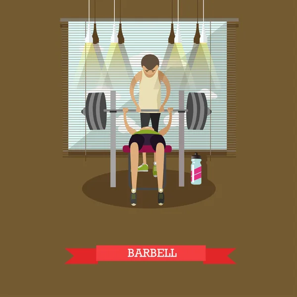 Bench press using a barbell. Man working out in gym. Healthy lifestyle concept vector illustration — Stock Vector