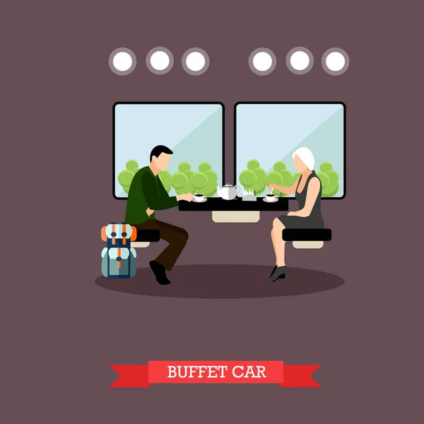 Passagiers in de trein restaurant. Spoorweg auto-interieur. Vector concept poster — Stockvector