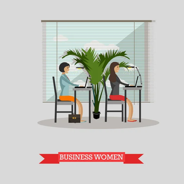 ビジネスの女性は、オフィスでラップトップで働きます。フラット スタイルのデザインのベクトル バナーのコンセプト. — ストックベクタ