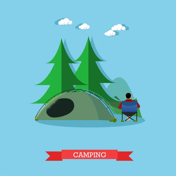 Summer recreation concept vector banner in flat style. People camping in national park forest