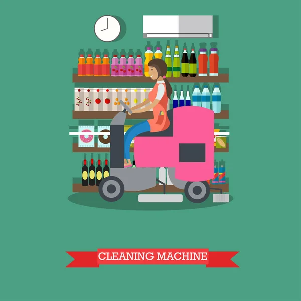Kvinnan använda städmaskin till rent golv, livsmedelsbutik. — Stock vektor