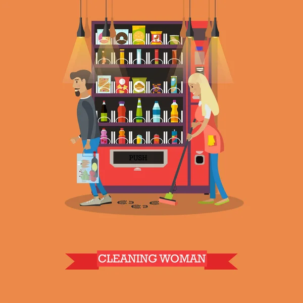 Lidé, čištění podlahy v úložišti zároveň zákazníkům nakupujícím. Vektorové ilustrace — Stockový vektor