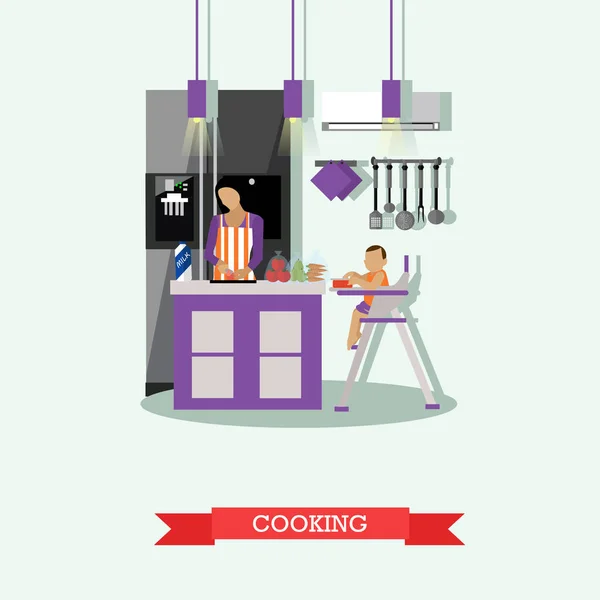Anyja főzés és gyermekfelügyelet őt a gyerek. Lapos stílusú konyha belső vektoros illusztráció — Stock Vector