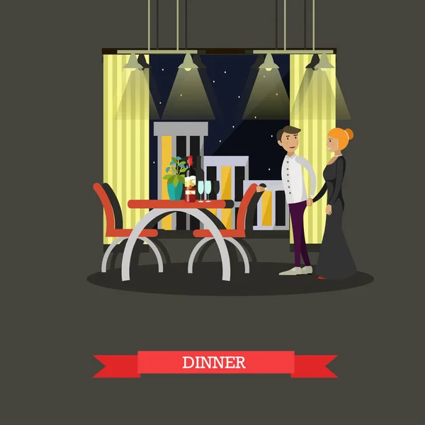 Jantar de casal romântico no restaurante. Cartaz de conceito vetorial — Vetor de Stock