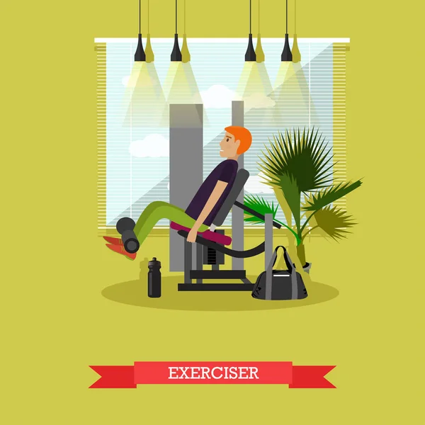 Un homme qui travaille dans une salle de gym. Illustration vectorielle de style de vie sain en style plat. Équipement de fitness et de sport — Image vectorielle