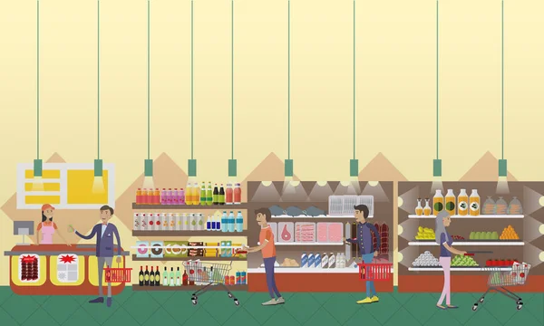 Σούπερ μάρκετ εσωτερικό διανυσματικά εικονογράφηση σε επίπεδη στυλ. Οι πελάτες που αγοράζουν προϊόντα στο κατάστημα τροφίμων. — Διανυσματικό Αρχείο