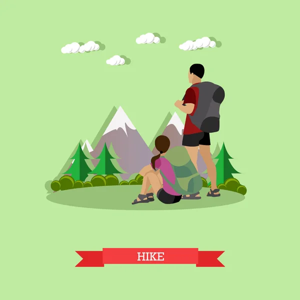 山でのハイキングのカップル。屋外のハイキングの概念ベクトル ポスター — ストックベクタ