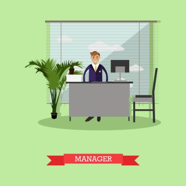 Yöneticisi veya sandalyede oturan ve bilgisayarla çalışma ofis çalışanı. İş kavramı vektör çizim düz stil tasarımı