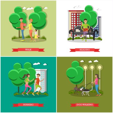 Vector set of cartoon character posters. People in park design elements and icons in flat style.
