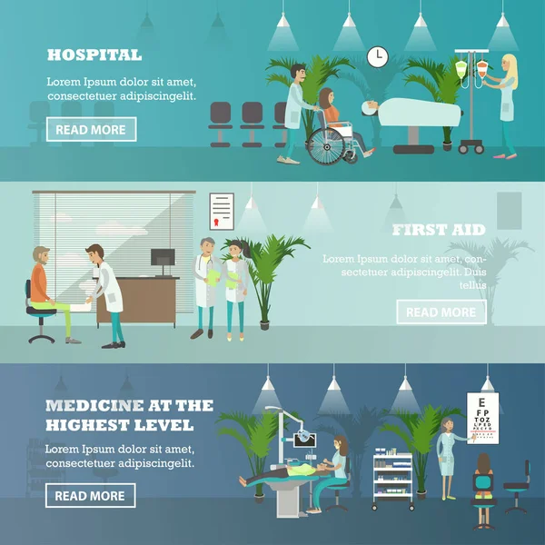 Bannières vectorielles horizontales avec médecins et patients à l'hôpital. Concept de médecine — Image vectorielle