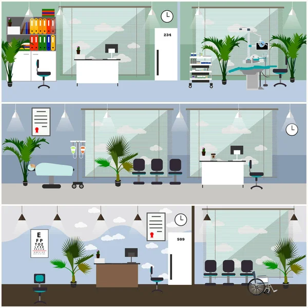 Banderas vectoriales horizontales con interiores hospitalarios. Concepto de medicina. Control médico y quirófano . — Vector de stock