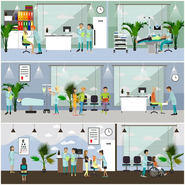 Bannières vectorielles horizontales avec des médecins et des intérieurs d'hôpital. Concept de médecine. Patients passant un examen médical, salle d'opération chirurgicale . — Image vectorielle