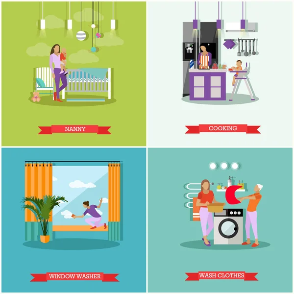 Affiches vectorielles concept femme au foyer. Femme de ménage prenant soin de bébé, nettoyage, cuisine et lavage . — Image vectorielle