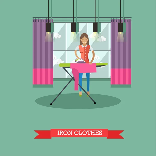 Nő vasalás ruhát vektoros illusztráció. Háziasszony használja az otthoni készülék — Stock Vector