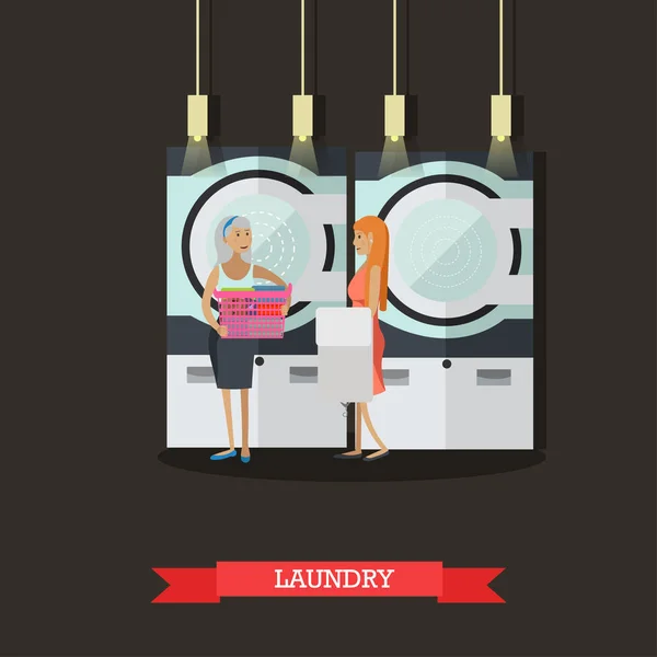 Personas en auto-servicio de lavandería cartel vectorial. Banner interior de la habitación — Archivo Imágenes Vectoriales