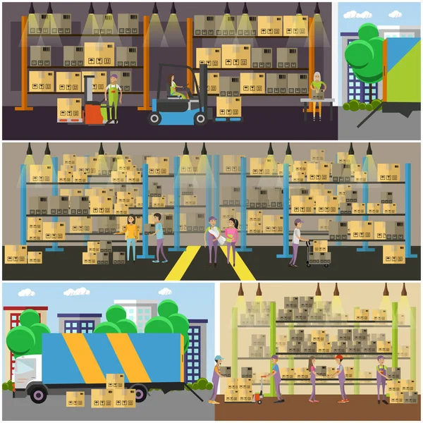 Logistika a dodávky služby koncept nápis. Interiér skladu. Vektorové ilustrace — Stockový vektor