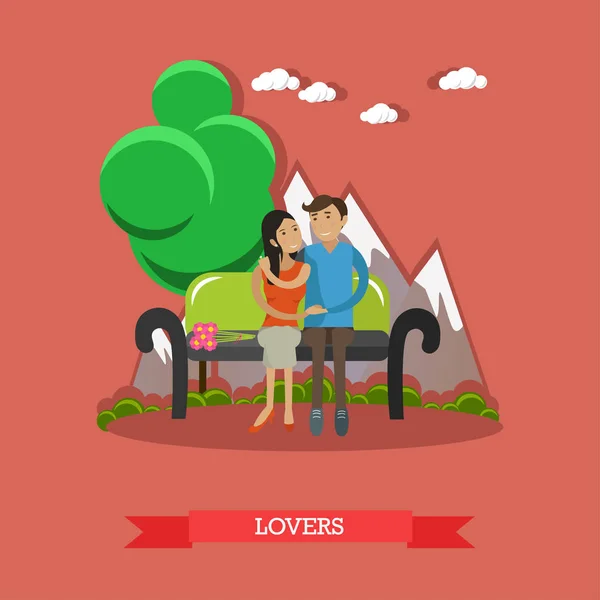 Paret sitter på bänken med mountain bakgrund. Kärlek och romantiska begreppet vektorillustration. — Stock vektor