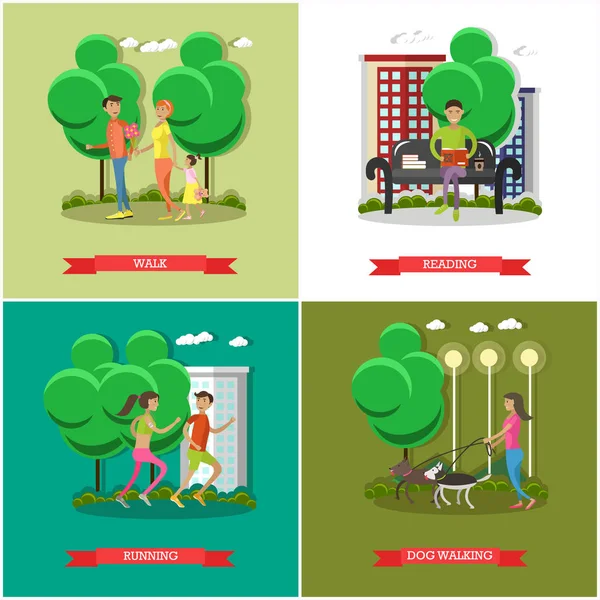 Vector conjunto de carteles de personajes de dibujos animados. Personas en elementos de diseño de parques e iconos en estilo plano . — Vector de stock