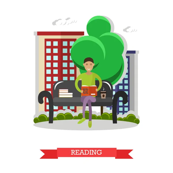 Чоловік сидить на лавці в парку, читає книгу і п'є каву. Векторні ілюстрації в дизайні плоского стилю — стоковий вектор