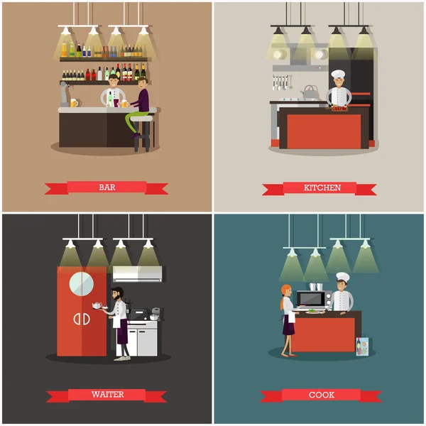 Ensemble vectoriel de bannières avec des intérieurs de restaurant. Bar, cuisine, chef cuisinier et serveur personnages — Image vectorielle