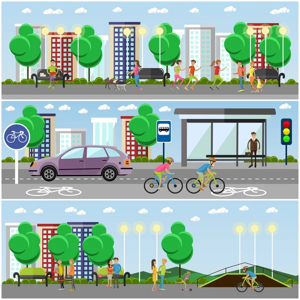 Mensen in park concept banners. Stad landschap met weg- en parken. Vectorillustratie — Stockvector