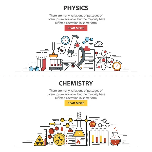 Conceptos de vector de banner científico en estilo de línea. Química y Física elementos de diseño, símbolos, iconos . — Archivo Imágenes Vectoriales