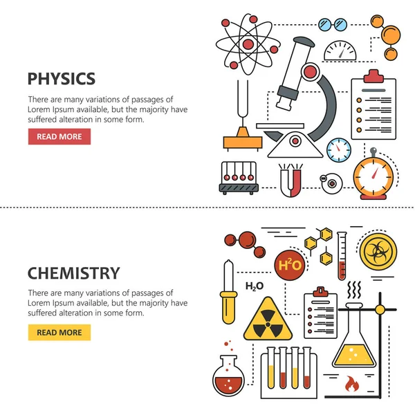 Conceitos vetoriais de banner de ciência em estilo de linha. Química e Física elementos de design, símbolos, ícones . —  Vetores de Stock