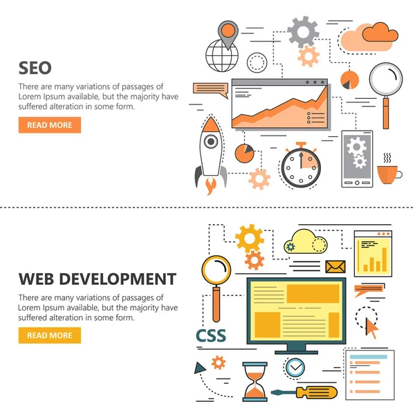 Optimización de motores de búsqueda y desarrollo web banners planos de diseño de línea delgada. Iconos vectoriales — Archivo Imágenes Vectoriales