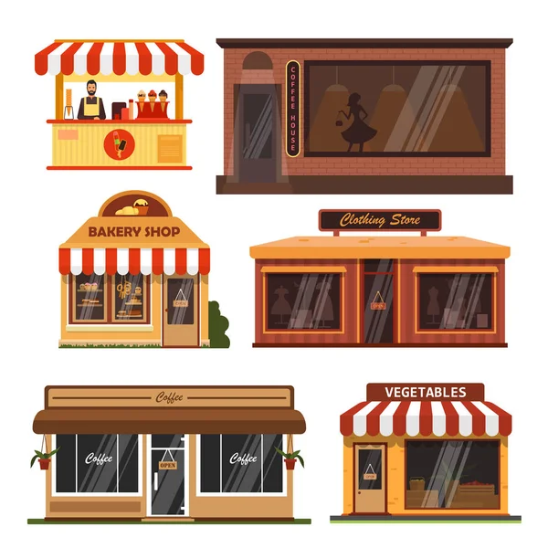 Conjunto vectorial de edificios de tiendas. Tiendas elementos de diseño e iconos en plano — Archivo Imágenes Vectoriales