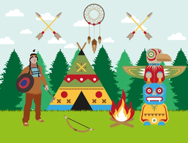 American indian landschap krijger, wigwam en totem vector afbeelding — Stockvector