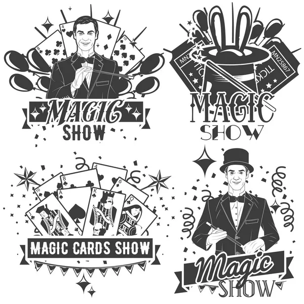 Vector set of magic show labels in vintage style isolated on white background — Stock Vector