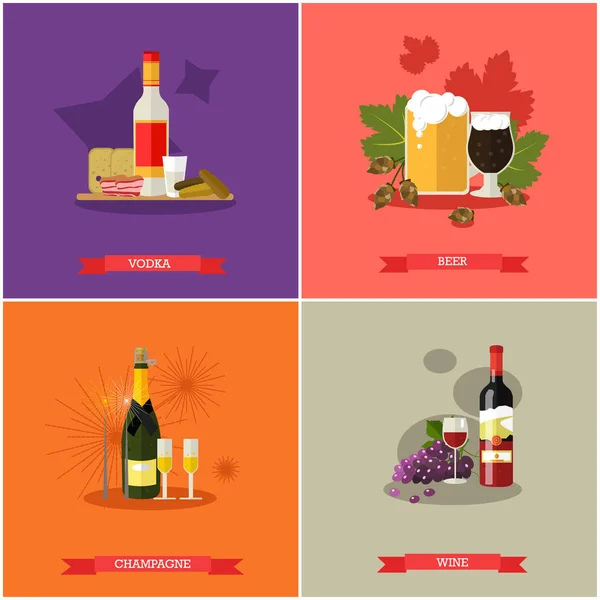 Conjunto vetorial de bebidas alcoólicas, design plano —  Vetores de Stock