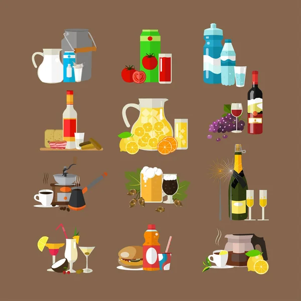 Векторный набор иконок напитков, плоская конструкция — стоковый вектор