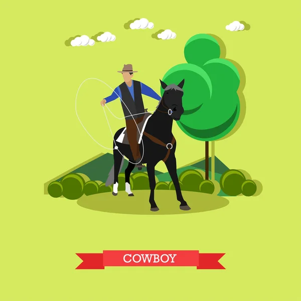 Cowboy à cheval avec lasso, design plat — Image vectorielle