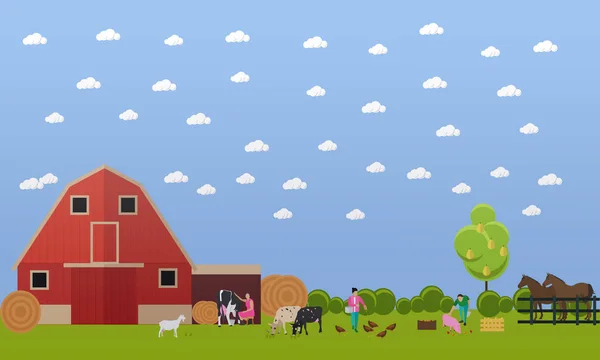 Banner vectorial de granja grande con muchos animales — Vector de stock