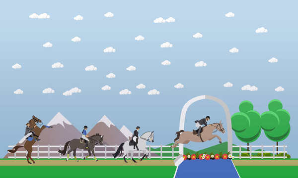 Professional horseback riders. Horse show jumping, running and galloping and horse on its hind legs. Jockeys in professional uniforms, helmet, hat, boots. Vector illustration in flat design — Stock Illustration Jokey professional horseback riding, vector banner — Stock Vector
