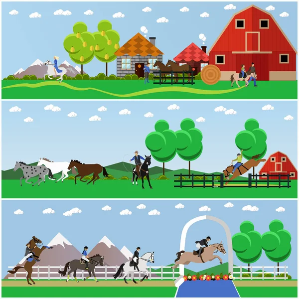 Vector banners of horse riding, flat design — Stock Vector