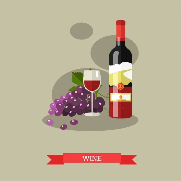 Kırmızı şarap şişe ve cam ile üzüm, düz tasarım — Stok Vektör