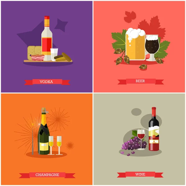 Conjunto vetorial de banners conceito de bebidas alcoólicas, cartazes, estilo plano —  Vetores de Stock