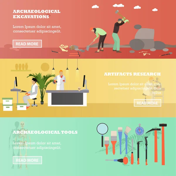 Conjunto vectorial de pancartas con excavación arqueológica, concepto de investigación de artefactos — Archivo Imágenes Vectoriales