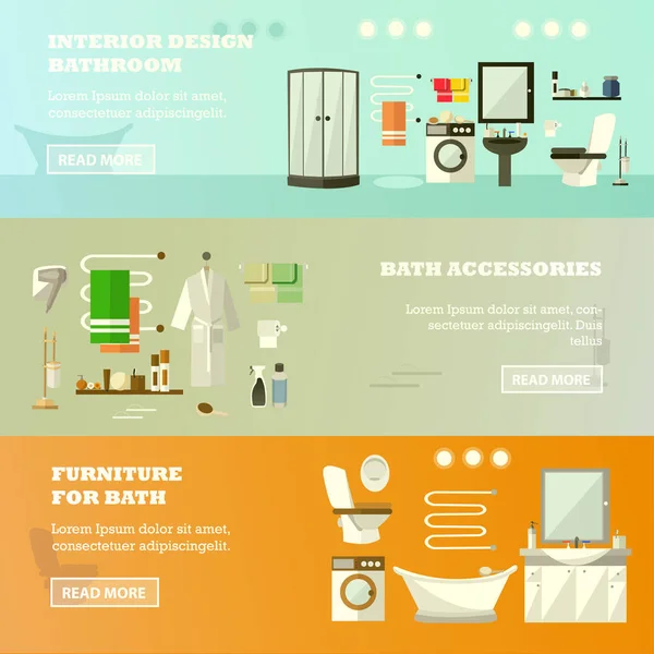 Ensemble de bannières vectorielles avec intérieur de salle de bain, meubles et accessoires — Image vectorielle
