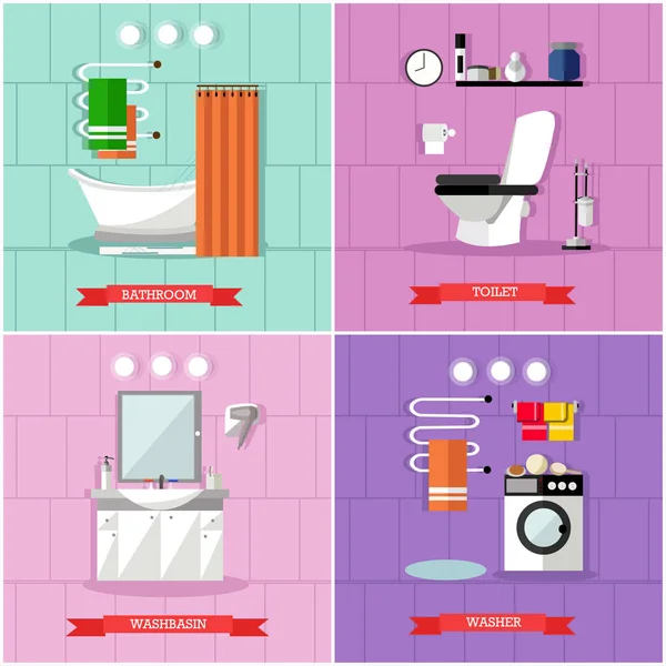 Conjunto vectorial de carteles, pancartas con baño interior y muebles — Archivo Imágenes Vectoriales