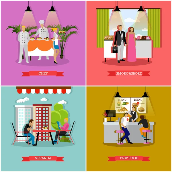 Conjunto vectorial de pancartas con restaurante, interiores de cafetería, estilo plano . — Vector de stock