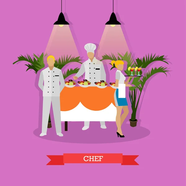 Illustration vectorielle du chef, serveur-chef et serveuse, intérieur de la cuisine du restaurant — Image vectorielle