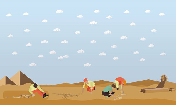 Концепция раскопок векторная иллюстрация, египетские пирамиды и статуя Сфинкса

